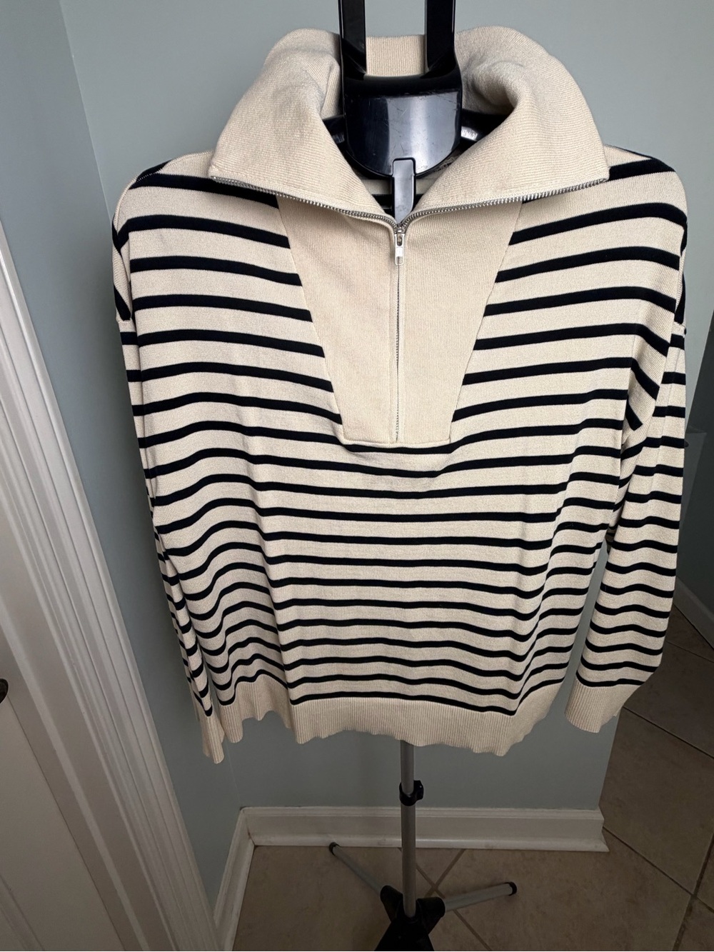 SHEIN Cream and Black Striped Zip-Front Sweater